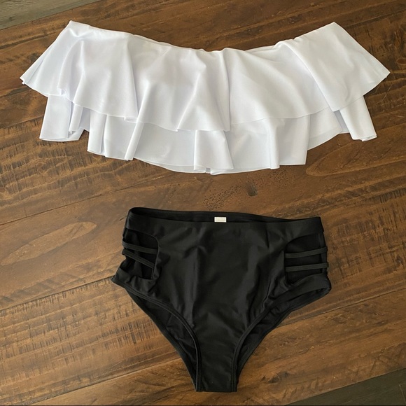 2 Piece New Swimsuit High Waist Bottoms/Ruffle Top Black White Bikini S - Picture 4 of 13